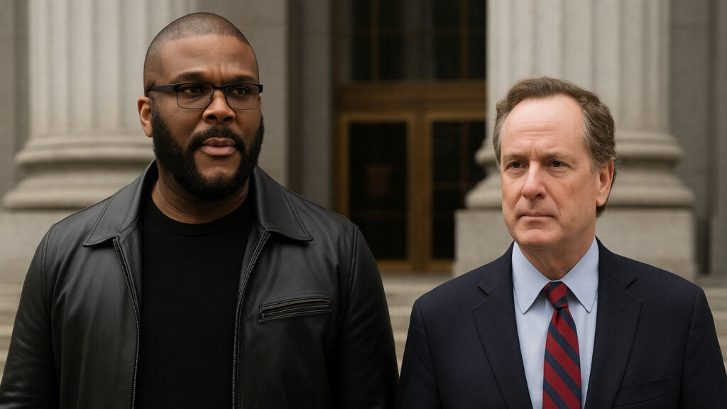 Tyler Perry with lawyer Matthew Boyd exiting a courthouse
