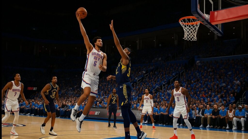 Wide shot of Game 5 action inside Paycom Center