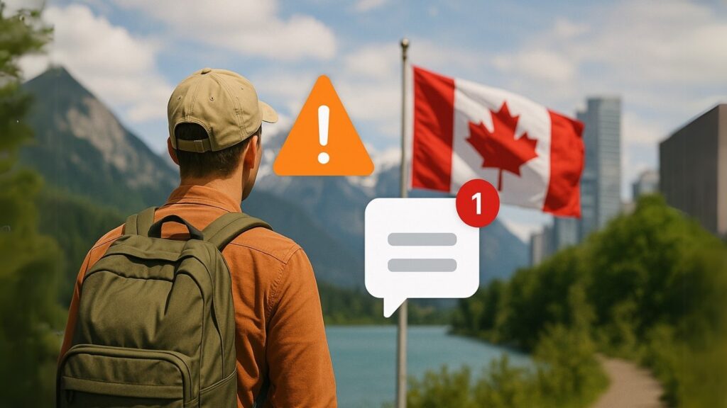 U.S. traveler in Canadian wilderness with alert/notification icons overlay